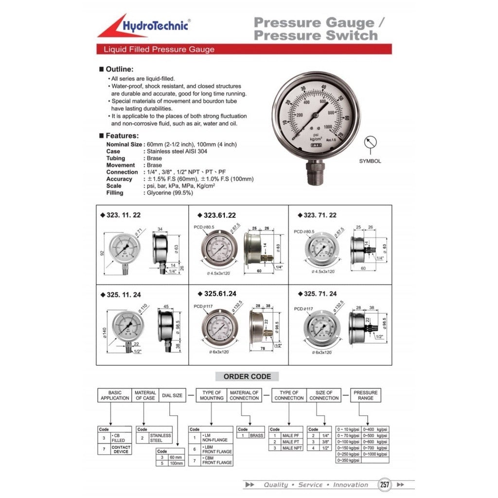 Hydraulic pressure gauge FTB (Pressure Gauge), dial 2.1/2 stainless steel, thread PT 1/4" brass, sideways.